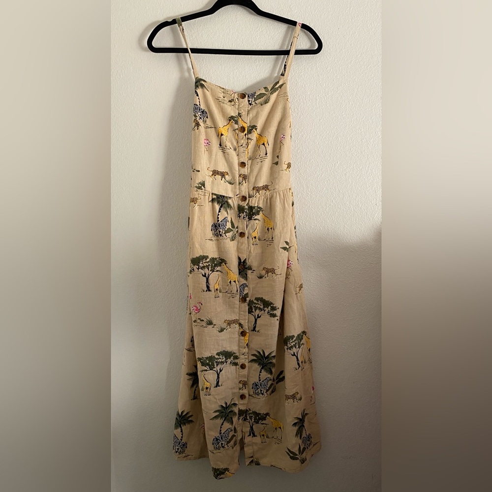 Old Navy MIDI Dress Animal Print Safari Linen Blend Tropical resort